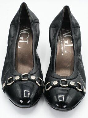 AGL Women's Size EU 38.5 US 7.5/8 Black Patent Leather Cap Toe Block Heel Pumps